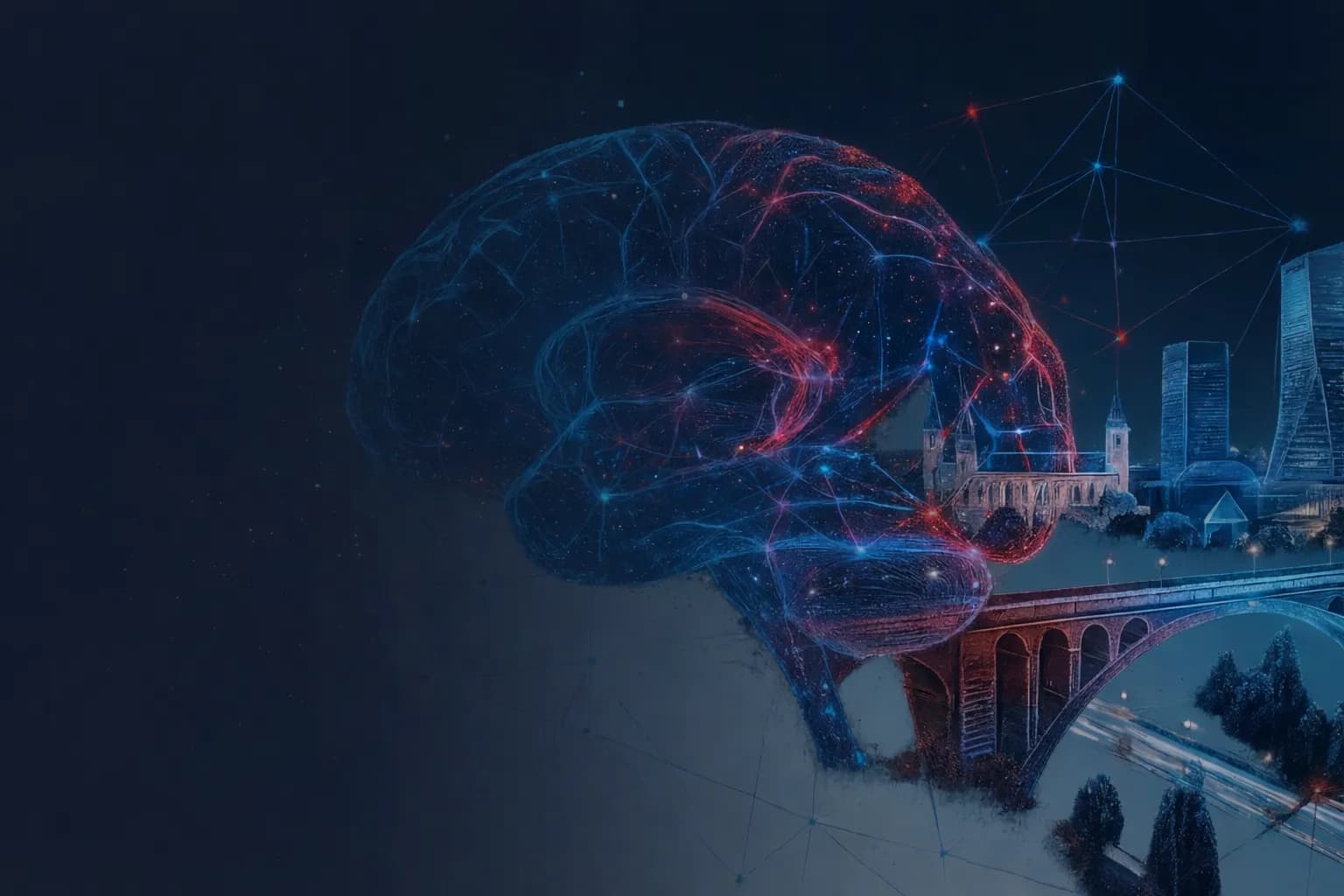 Cerveau IA et réseau au-dessus de monuments luxembourgeois et du pont Adolphe